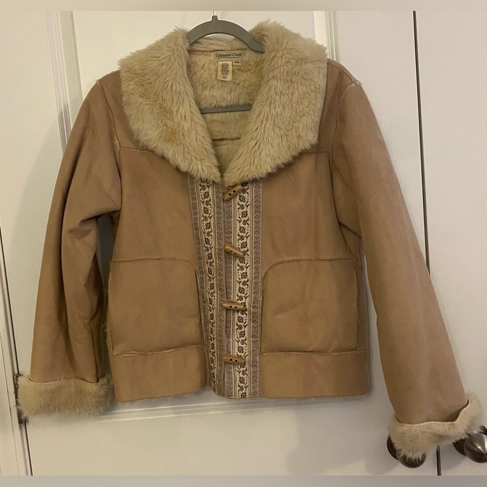 Coldwater Creek Coat Jacket Women’s PS Tan Faux Suede Fur Toggle Closure Pockets